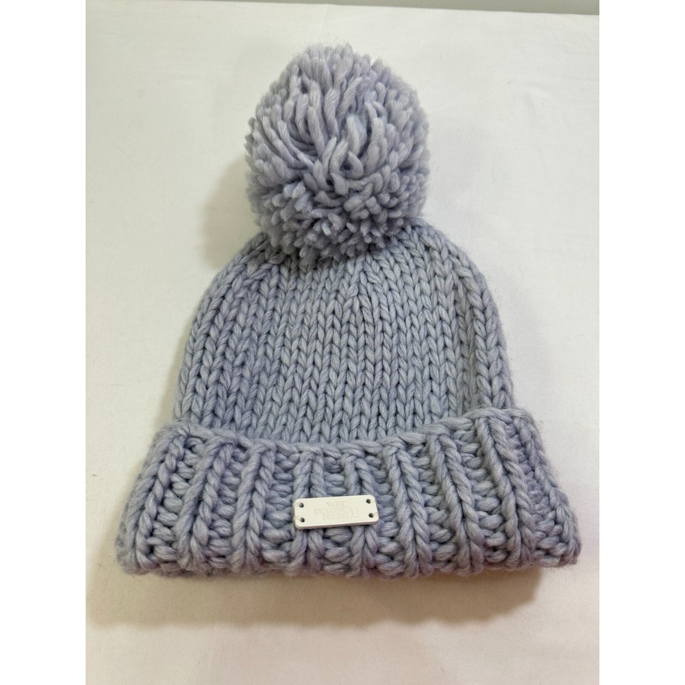 North Face Hand Knit Coziest Beanie Minimal Grey Purple Pom Winter Hat Cap New
